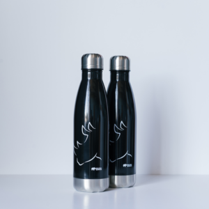 Two waterbottles with rhino silhouette